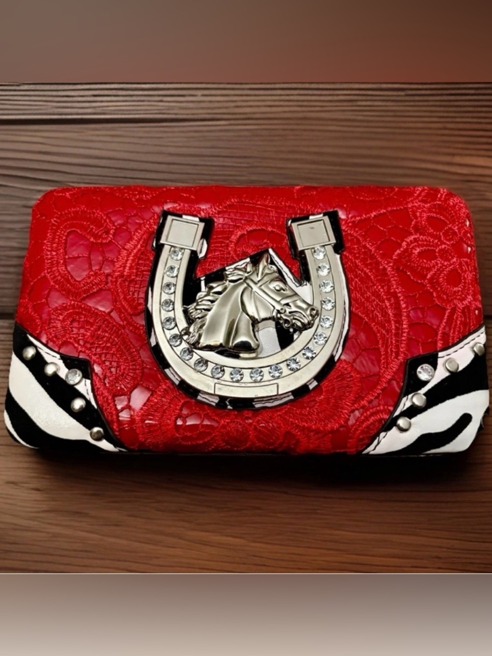 Alyssa Western HORSE Wallet Red/Black Zebra Print & Lace Silver Horseshoe NWT